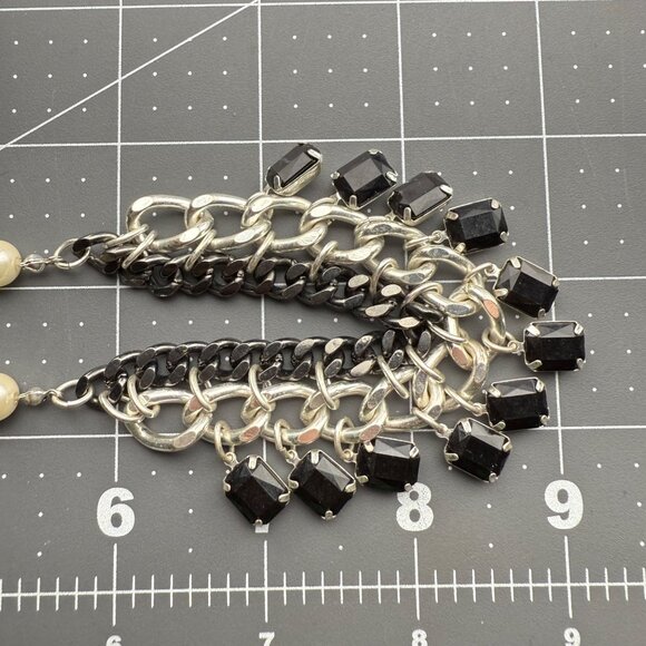 Faux Pearl & Chain Statement Necklace With Black Square Charms In Silver-Tone Fi - Picture 7 of 7